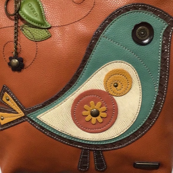 NEW CHALA HANDBAGS Bird Tweet Shoulder Bag, Large Tote, Burnt Orange & Teal - Picture 6 of 15